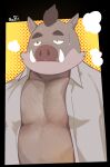  2021 anthro belly bodily_fluids clothed clothing gobi_garyu kemono kensuke_shibagaki_(odd_taxi) male mammal odd_taxi open_clothing open_shirt open_topwear overweight overweight_male shirt solo suid suina sus_(pig) sweat topwear wild_boar 