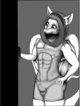  abs absurd_res angelle_owuvian anthro black_and_white bulge clothing fur girly hair hand_on_hip headgear headwear hi_res long_hair male male/male marshmallow_penguin monochrome muscular muscular_male navel pressing_button smile solo white_body white_fur wings 