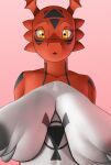  :o anthro bandai_namco big_breasts breast_squish breasts creatiffy digimon digimon_(species) female guilmon hi_res holding_breast huge_breasts looking_at_viewer markings natural_breasts nude open_mouth simple_background solo squish 