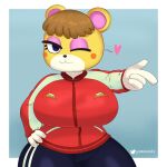  &lt;3 1:1 absurd_res animal_crossing anthro big_breasts blush blush_stickers border breasts female gammainks gesture hi_res looking_at_viewer mammal nintendo one_eye_closed pointing solo tammy_(animal_crossing) ursid video_games white_border wide_hips wink 