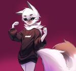  absurd_res black_clothing black_sclera black_shirt black_topwear blue_eyes brown_eye canid canine clothed clothing hair hi_res humanoid male mammal neck_tuft pose shirt simple_background solo standing topwear tuft two_tone_tail white_body white_hair white_skin white_tail xeono 