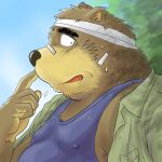  1:1 2011 anthro bandage belly biped black_nose bodily_fluids brown_body brown_fur chuuta_(pixiv) clothing fur kemono male mammal outside overweight overweight_male portrait shirt solo sweat topwear ursid 