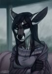  2021 absurd_res anthro black_hair black_nose blue_eyes breasts canid canine clothed clothing digital_media_(artwork) eyebrows eyelashes female fox hair hi_res mammal nelly63 solo 