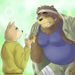  1:1 2011 anthro belly black_nose bodily_fluids bottomwear brown_body brown_fur canid canine canis chuuta_(pixiv) clothing domestic_dog duo eyes_closed fur humanoid_hands kemono male mammal overweight overweight_male pants tears ursid 