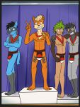  3:4 anthro anthrofied arms_around_shoulders bottomwear chespin clothed clothing crossed_arms fuze gesture grin group growlithe hi_res loincloth loincloth_only looking_at_viewer male medal navel nintendo nipples podium pok&eacute;mon pok&eacute;mon_(species) pok&eacute;morph poochyena riolu smile topless v_sign video_games 
