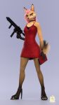  3d_(artwork) 9:16 anthro bottomwear canid canine canis claws clothed clothing collar digital_media_(artwork) digitigrade dress female femme_fatale footwear fox fur gun hair hi_res high_heels impreza invalid_tag looking_at_viewer mammal pink_hair ranged_weapon shoes simple_background solo tan_body tan_fur tridognait weapon 