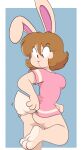  2021 absurd_res anthro barefoot bottomless breasts butt clothed clothing feet female hair hi_res hindpaw kabula_(artist) lagomorph leporid looking_back mammal paws pink_clothing pink_shirt pink_topwear rabbit rear_view shirt sitting soles solo tail_tuft topwear tuft 