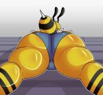  2021 antennae_(anatomy) anthro arthropod bee big_butt blue_clothing blue_panties blue_underwear butt chubby_female clothed clothing fan_character female glistening glistening_body glistening_skin hi_res hymenopteran insect kacia lying overweight panties slightly_chubby solo spread_legs spreading stinger tagme thick_thighs topless topless_female turismoturbo underwear wide_hips yellow_body yellow_skin 