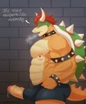  2021 abs absurd_res anthro armband big_muscles big_penis blush bodily_fluids bowser bracelet brick_wall c_andreartz clothing collar dialogue english_text erection eyebrows foreskin genital_fluids genitals hair hi_res horn humanoid_genitalia humanoid_penis jewelry koopa looking_down male mario_bros muscular muscular_anthro muscular_male nintendo nipple_piercing nipple_ring nipples open_mouth pecs penis piercing poking_out precum scalie shell side_view solo spiked_armband spiked_bracelet spiked_collar spiked_shell spiked_tail spikes spikes_(anatomy) standing text uncut underwear video_games wall_(structure) 
