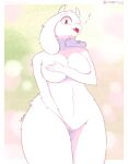  ! absurd_res anthro boss_monster bovid caprine covering covering_breasts covering_crotch female fur goat hi_res looking_at_viewer mammal nude open_mouth pattern_background red_eyes siedorran simple_background solo surprise toriel undertale video_games white_body white_fur 
