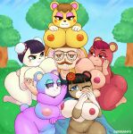  animal_crossing anthro big_breasts bodily_fluids boob_hat breasts cheri_(animal_crossing) clothed clothed/nude clothed_male_nude_female clothing drooling eyewear facial_hair female gammainks genitals glasses group hand_on_face hi_res huge_breasts human judy_(animal_crossing) june_(animal_crossing) male mammal mustache nintendo nude pekoe_(animal_crossing) pussy saliva surrounded tammy_(animal_crossing) ursid video_games villager_(animal_crossing) 