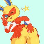  1:1 absurd_res animal_crossing anthro anus bent_over clothed clothing costume female gammainks genitals gesture hi_res lagomorph leporid lips looking_at_viewer looking_back mammal mira_(animal_crossing) nintendo no_underwear one_eye_closed presenting pussy rabbit solo spread_anus spreading upskirt v_sign video_games wink 