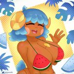  1:1 animal_crossing anthro big_breasts bikini bovid breasts caprine cleavage clothed clothing eyes_closed female gammainks hi_res huge_breasts looking_at_viewer mammal nintendo open_mouth open_smile pattern_background sheep simple_background smile solo swimwear video_games wave wendy_(animal_crossing) 