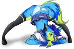 anonymous_artist anthro ass_up blue_hair blush bottomwear canid canine canis clothed clothing cute_face domestic_cat fan_character felid feline felis female footwear grey_eyes hair hi_res hybrid insomnia_(oc) jack-o&#039;_pose mammal multicolored_body multicolored_skin one_eye_closed pants pose smile socks solo wolf 