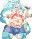  2021 anthro asian_mythology ayame42612 barazoku blue_body bulge clothing east_asian_mythology foo_dog hi_res humanoid_hands japanese_mythology kemono komainu male mammal muscular muscular_male mythology nipples oguchi_magami_(tas) one_eye_closed solo swimwear tokyo_afterschool_summoners video_games wink yōkai 