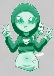  alien alien_humanoid bandage clothing disfigure double_v_sign female gesture happy hi_res hoodie humanoid navel rosie_(disfigure) roswell_grey skateboard solo sparkling_eyes topwear v_sign 