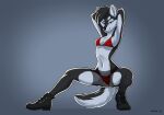  2021 absurd_res anthro black_hair blue_eyes boots bra breasts canid canine canis clothed clothing curvy_figure female footwear fur hair hands_behind_head hi_res lingerie mammal netuk panties partially_clothed pose signature simple_background solo underwear white_body white_fur wolf 
