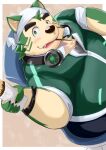  2021 anthro belly black_nose blush bottomwear canid canine canis clothing domestic_dog eating food green_body headphones headphones_around_neck hi_res humanoid_hands kemono live-a-hero male mammal mokdai nazebesu_hobby overweight overweight_male pants pocky sitting solo video_games 