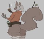  anthro belt big_butt bottomless butt clothed clothing female fingerless_gloves gloves hair handwear knife leaf legwear looking_at_viewer looking_back looking_back_at_viewer mammal ponytail rear_view rodent sciurid shirt solo stick thick_thighs thigh_highs topwear tree_squirrel water_bottle weapon wyrt_(artist) 