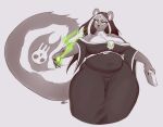  absurd_res anthro belt_buckle big_breasts bone book breasts claws clothing eyelashes female form_fitting green_eyes hi_res holding_book holding_object humanoid long_eyelashes long_tail madslads magic magic_user mammal mephitid overweight overweight_female sharp_claws skull skunk solo wide_hips 