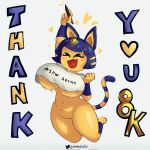 &lt;3 1:1 animal_crossing ankha_(animal_crossing) anthro bottomless breasts cheering clothed clothing domestic_cat felid feline felis female gammainks hi_res jumping mammal nintendo open_mouth simple_background smile snaggle_tooth solo text text_on_clothing under_boob video_games 