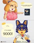  animal_crossing ankha_(animal_crossing) anthro big_breasts blush breasts canid canine canis clothed clothing dialogue domestic_cat domestic_dog dragon_ball dragon_ball_z duo english_text felid feline felis female gammainks gesture hi_res huge_breasts isabelle_(animal_crossing) looking_at_viewer mammal meme nintendo parody pointing sequence simple_background text video_games 