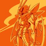  1:1 2019 armor arthropod athletic athletic_male blade demon digital_drawing_(artwork) digital_media_(artwork) hi_res horn humanoid insect ionicisaac male mantis manto_rider monochrome orange_background scarf simple_background solo spade_tail 