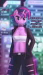  2021 4:7 absurd_res anthro anthrofied blurred_background breasts choker cleavage clothed clothing dialogue digital_media_(artwork) english_text equid equine eyelashes eyeshadow female friendship_is_magic front_view fur hair hasbro hi_res horn irisarco jewelry looking_at_viewer makeup mammal midriff my_little_pony navel necklace purple_body purple_eyes purple_eyeshadow purple_fur purple_hair solo text topwear tube_top twilight_sparkle_(mlp) unicorn unicorn_horn 