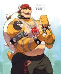  2021 absurd_res anthro arm_tattoo bodily_fluids bowser bracelet bulge claws collar dialogue digital_media_(artwork) english_text finger_claws green_body green_scales hair hi_res horn jewelry koopa looking_at_viewer male mario_bros musclegut muscular muscular_anthro muscular_male nintendo red_hair repzzmonster scales scalie simple_background solo spiked_bracelet spiked_collar spikes sunscreen sweat talking_to_viewer tan_body tan_scales tattoo text video_games white_background yellow_body yellow_scales 