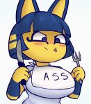  &lt;3 animal_crossing ankha_(animal_crossing) anthro bib big_breasts blush breasts clothed clothing cutlery domestic_cat english_text felid feline felis female fork gammainks hi_res huge_breasts kitchen_utensils knife mammal meme nintendo simple_background smile solo text tongue tongue_out tools video_games white_background 