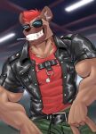  2021 anjing_kampuss anthro belt blurred_background bottomwear clothed clothing devil_horns_(gesture) eyewear gesture hair harness hi_res hyaenid jacket leather leather_belt leather_clothing leather_harness leather_jacket leather_topwear male mammal muscular muscular_anthro muscular_male open_clothing open_jacket open_mouth open_smile open_topwear pants pent_(anjing) shirt smile solo spotted_hyena sunglasses teeth text topwear url 