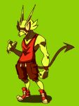  2019 anthro armband arthropod athletic athletic_male bottomwear clothing demon digital_drawing_(artwork) digital_media_(artwork) green_background green_body green_skin horn humanoid insect ionicisaac male mantis manto_rider red_clothing shaded shorts simple_background sleeveless_shirt solo spade_tail 