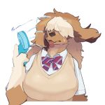  1:1 anthro azuki_merun11 bangs big_breasts bodily_fluids breasts bust_portrait canid canine canis clothing domestic_dog elbow_tuft fan_(disambiguation) female floppy_ears fluffy hair_over_eyes hase_(azuki_merun11) hi_res huge_breasts kemono mammal molosser mountain_dog multicolored_body onomatopoeia portrait ribbons rotary_fan saint_bernard school_uniform solo sound_effects sweat text tight_clothing tongue tongue_out translated two_tone_body uniform 