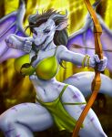  2021 5_fingers anthro arrow big_breasts bikini bikini_top black_hair blurred_background bottomwear bow_(weapon) bracelet breasts cleavage clothed clothing dragon fangs female fingers hair holding_bow holding_object holding_weapon horn jewelry loincloth long_hair membrane_(anatomy) membranous_wings mrincred navel open_mouth open_smile purple_eyes ranged_weapon scales smile solo swimwear weapon wings 