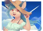  aircraft airplane anthro biped blue_hair bra_strap breasts claws clothed clothing contrail cute_fangs female hair hat headgear headwear hi_res itaki. looking_at_viewer open_mouth orange_eyes pawpads paws signature sky smile solo straw_hat 