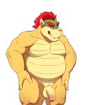 2021 anthro balls belly big_belly bowser claws eyebrows flaccid foreskin genitals hair hands_on_hips hi_res horn humanoid_genitalia humanoid_penis koopa looking_at_viewer male mario_bros moobs nintendo nude overweight overweight_anthro overweight_male penis scalie seyrmo simple_background smile solo standing uncut video_games white_background 