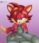  anthro archie_comics areola bedroom_eyes blue_eyes bodily_fluids breasts brown_hair canid canine claws clothing cum cum_on_face dipstick_tail duo erection female female_on_human fingerless_gloves fiona_fox first_person_view fours_(artist) fox fur genital_fluids genitals gloves gloves_only gradient_background hair hair_over_eye half-closed_eyes hand_on_leg hand_on_thigh handwear handwear_only hi_res high-angle_view holding_penis human human_on_anthro human_pov interspecies licking looking_at_viewer looking_up male male/female male_on_anthro male_pov mammal mostly_nude multicolored_tail muscular muscular_human muscular_male narrowed_eyes nipples nude one_eye_obstructed open_mouth oral outline penile penis penis_lick pink_areola pink_nipples purple_background red_body red_fur seductive sega sex simple_background size_difference smaller_anthro smaller_female sonic_the_hedgehog_(archie) sonic_the_hedgehog_(comics) sonic_the_hedgehog_(series) standing text tongue tongue_out url 