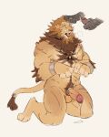  4:5 anthro asnnonaka balls blush bodily_fluids cum cum_on_face digital_media_(artwork) felid genital_fluids genitals hi_res humanoid_genitalia humanoid_penis lion male male/male mammal nude pantherine penis simple_background solo 