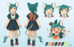  absurd_res anthro biped bottomwear clothed clothing domestic_cat duo felid feline felis footwear green_hair hair hi_res itaki. mammal model_sheet open_mouth orange_eyes ponytail shoes signature simple_background skirt smile tail_tuft tuft 