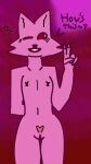  &lt;3 anthro aydinbird dialogue english_text felid feline female gesture hi_res mammal nude pose pubes solo text v_sign 