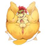  2021 anthro anus balls blush bowser butt erection eyebrows genitals hair hi_res horn humanoid_genitalia humanoid_penis koopa legs_up looking_at_viewer lying male mario_bros nintendo nude on_back open_mouth open_smile penis perineum presenting presenting_anus presenting_hindquarters scalie seyrmo shell simple_background smile solo spiked_shell spikes spikes_(anatomy) video_games white_background 