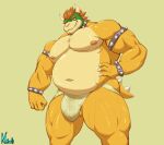  2021 anthro armband balls barely_visible_balls barely_visible_genitalia belly big_belly bowser bracelet bulge clothing collar eyebrows genitals green_body hair hand_on_hip hi_res horn jewelry jockstrap koopa male mario_bros moobs musclegut muscular muscular_anthro muscular_male navel neofi nintendo nipples overweight overweight_anthro overweight_male pecs scalie simple_background smile solo spiked_armband spiked_bracelet spiked_collar spikes standing tan_background thick_thighs underwear video_games yellow_body 