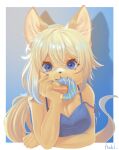  absurd_res anthro biped blonde_hair blue_eyes blue_nails clothed clothing colored_nails cute_fangs dessert doughnut female food fur hair hi_res itaki. looking_at_viewer nails shadow signature simple_background solo watermark yellow_body yellow_fur 