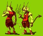  2019 anthro armband arthropod bottomwear clothing demon digital_drawing_(artwork) digital_media_(artwork) fangs green_background green_body green_skin hi_res horn humanoid insect ionicisaac male mantis manto_rider red_clothing shorts simple_background sleeveless_shirt solo spade_tail widescreen 