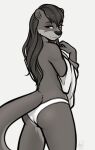  anthro black_nose butt clothed clothing fairdahlia female hair hi_res long_hair long_tail lutrine mammal monochrome mustelid nat_(mykegreywolf) panties rear_view shirt_up simple_background smile solo tasteful thick_tail topless underwear undressing 