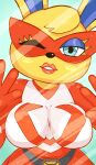  absurd_res against_surface animal_crossing anthro big_breasts breasts clothed clothing eyemask female gammainks hi_res lagomorph leporid lipstick looking_at_viewer makeup mammal mira_(animal_crossing) nintendo on_glass one_eye_closed rabbit solo video_games 