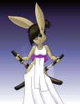  ambiguous_gender anthro black_hair bottomwear breasts clothed clothing danaume ear_piercing hair hair_over_eye hi_res holding_object holding_sword holding_weapon lagomorph leporid long_ears looking_at_viewer mammal melee_weapon one_eye_obstructed piercing rabbit ribbons samurai simple_background skirt solo standing sword tan_body warrior weapon 