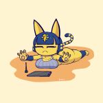  1:1 absurd_res animal_crossing ankha_(animal_crossing) anthro big_breasts blush bottomless breasts clothed clothing domestic_cat drawing_tablet eyes_closed felid feline felis female frown gammainks hi_res mammal nintendo simple_background solo stretching video_games 
