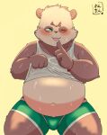  2021 anthro belly blush bottomwear bulge clothing dragon_night800 giant_panda hi_res humanoid_hands kemono male mammal navel overweight overweight_male shirt shorts simple_background solo topwear ursid young 
