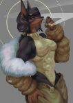  2021 abs agitype01 anthro black_body black_fur black_hair breasts brown_body brown_fur canid canine canis cigarette clothing digital_media_(artwork) dobermann domestic_dog ear_piercing ear_ring female fur fur_clothing grey_background hair hi_res looking_at_viewer mammal multicolored_body multicolored_fur muscular muscular_anthro muscular_female orange_eyes piercing pinscher simple_background smoking smoking_cigarette solo tight_clothing two_tone_body two_tone_fur 